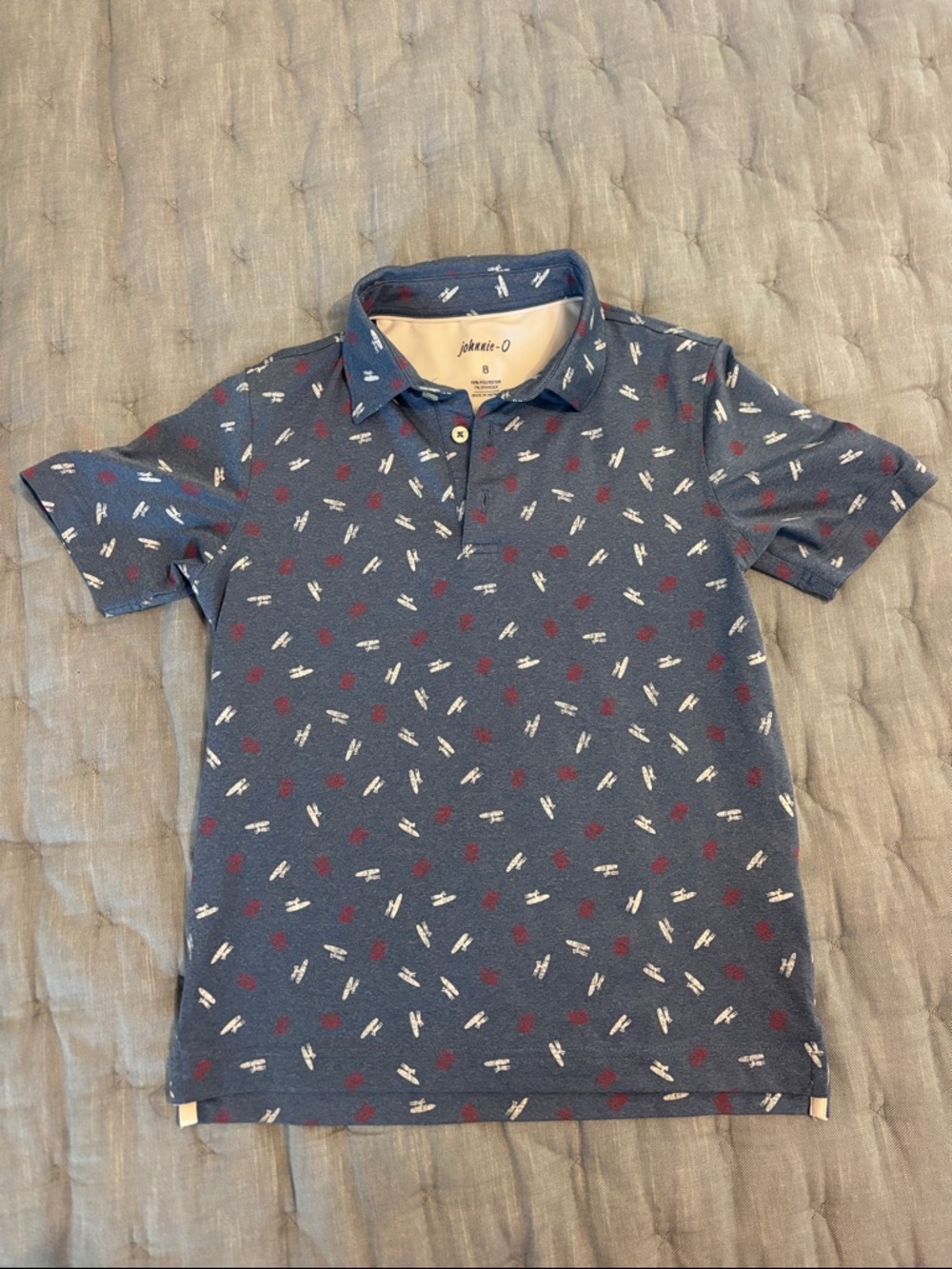 johnnie-O Blue Polo with White and Red Micro Print